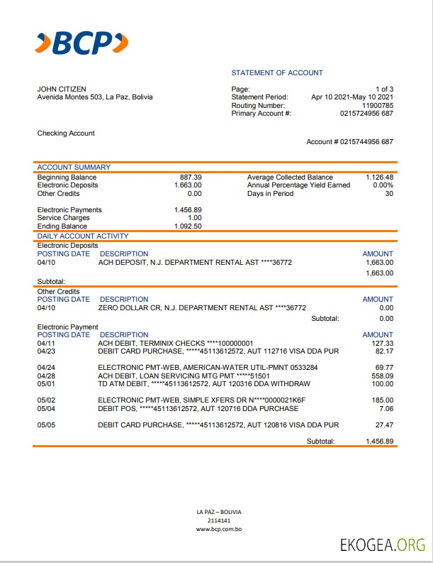 Modèle de relevé bancaire Bolivie banco de crédito de bolivia au format Word et PDF